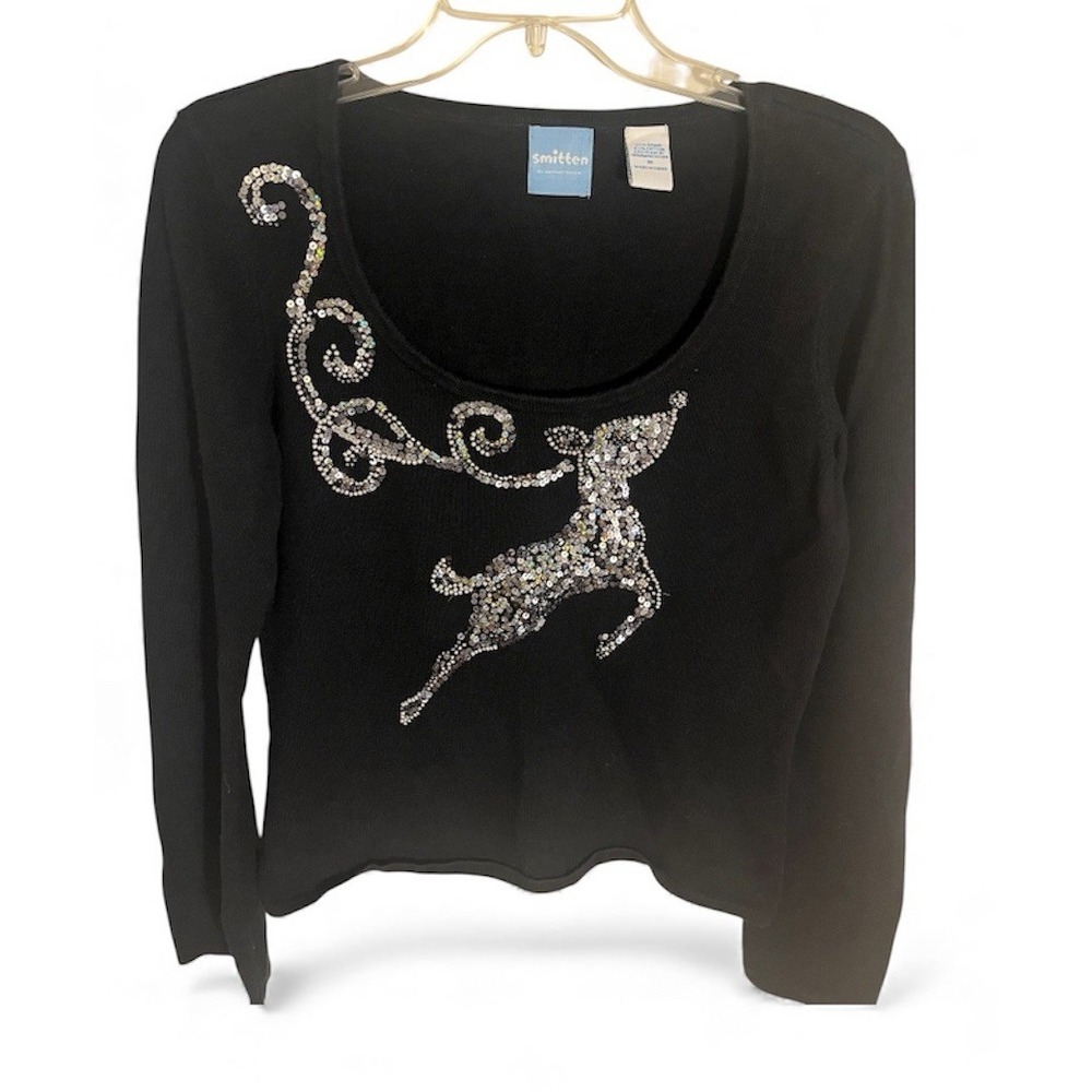 Michael Simon Smitten Black Reindeer Embellished Sweater Women's‎ Size M